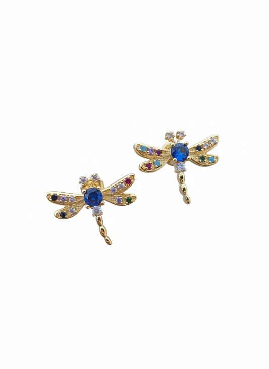 Dragonflies studs crystal aretes de libélulas aretes earrings gold plated 18K