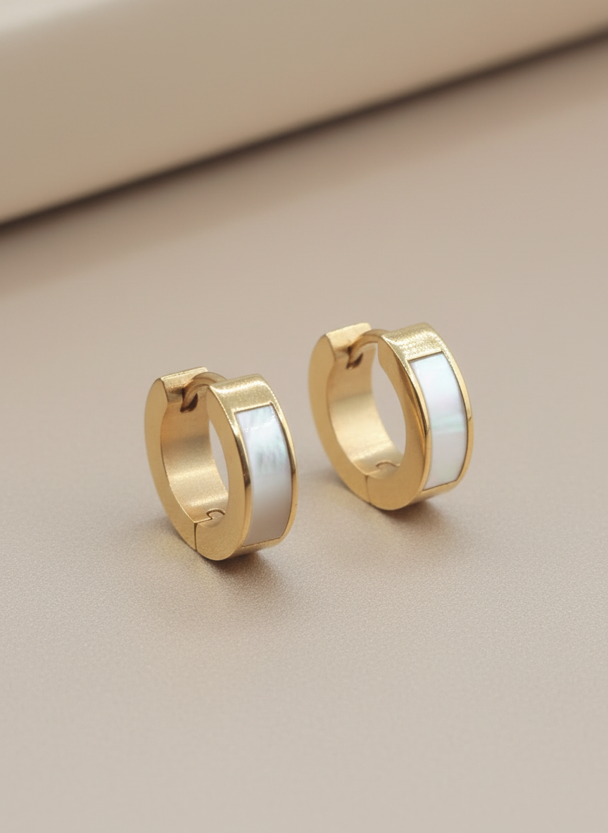 Aretes earring hoops golden stainless steel dorados zarcillos con nacar delgados