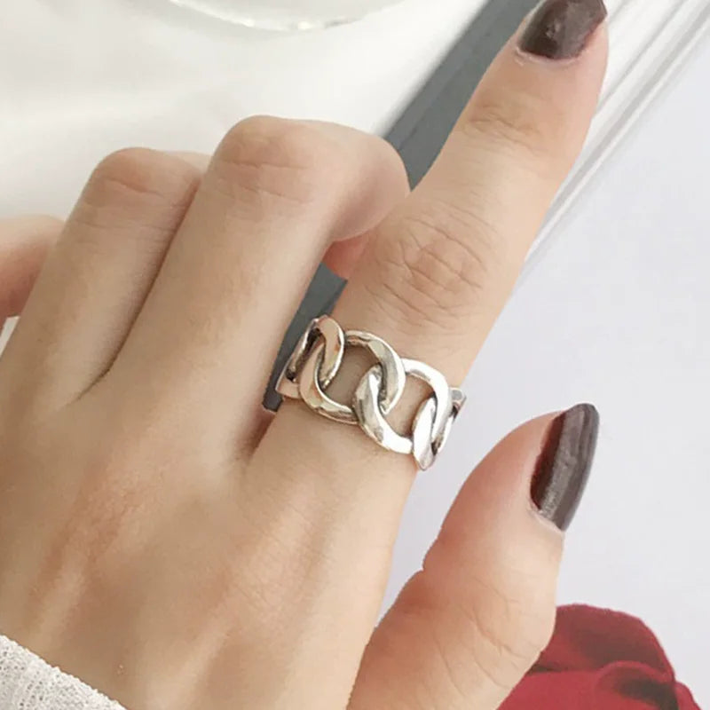 Sam Panda 925 Sterling Silver Rings For Women Men Fine Jewelry Finger Adjustable Open Vintage Chain Ring For Party Birthday Gift