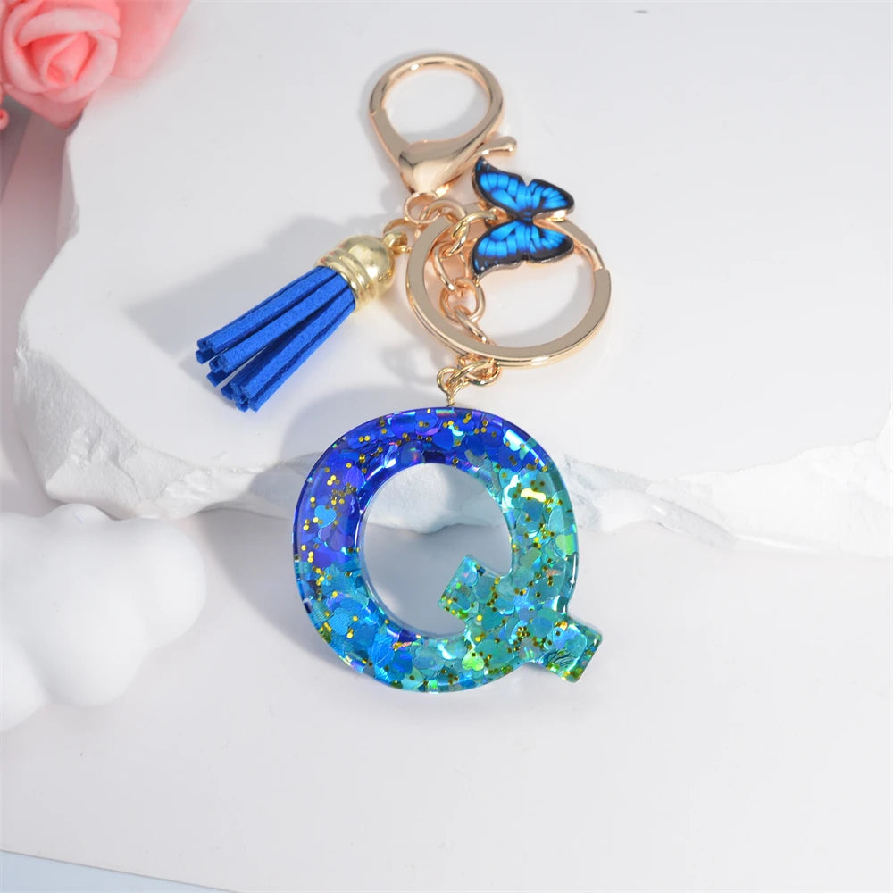 26 English Alphabet Letter Tassels Keychain Crystal Acrylic Butterfly Pendent Key Chain Women Gift Fashion Jewelry Accessories - Fui Fuiu Jewelry