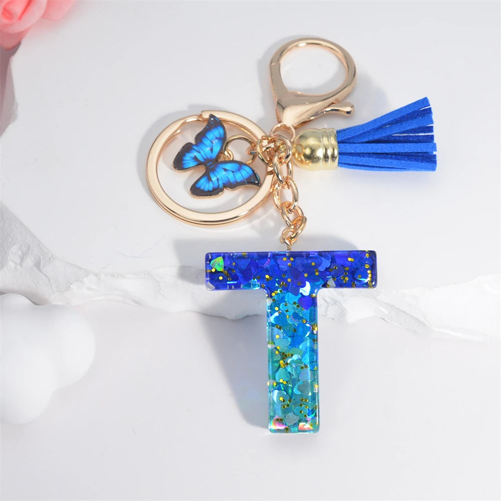 26 English Alphabet Letter Tassels Keychain Crystal Acrylic Butterfly Pendent Key Chain Women Gift Fashion Jewelry Accessories - Fui Fuiu Jewelry