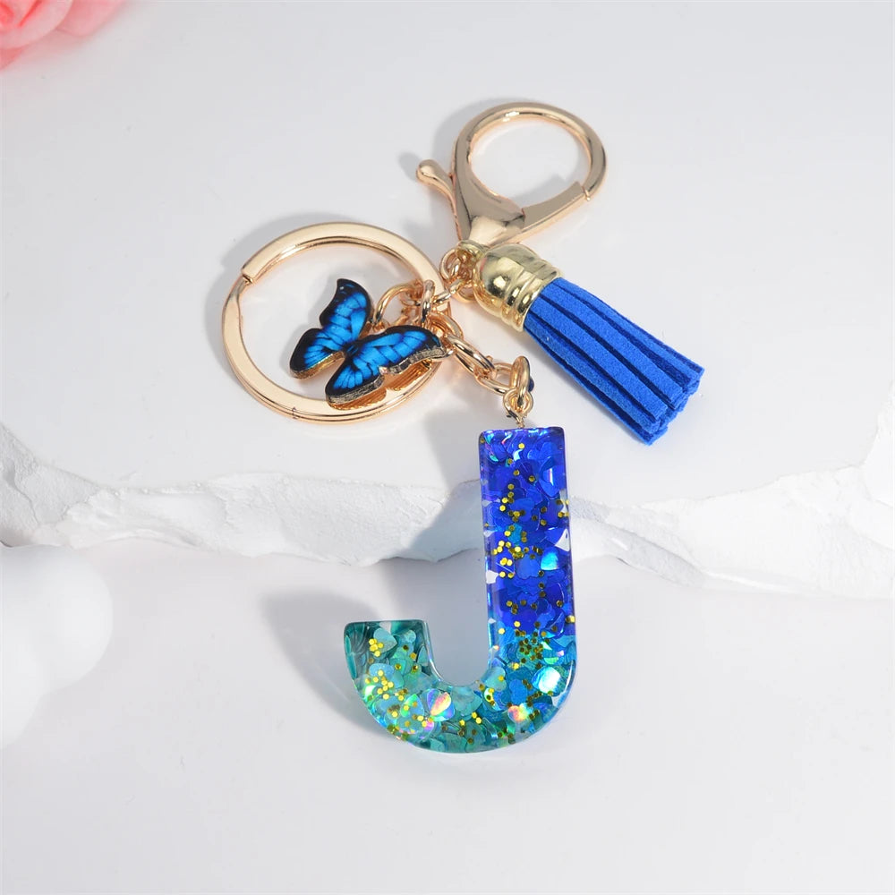 26 English Alphabet Letter Tassels Keychain Crystal Acrylic Butterfly Pendent Key Chain Women Gift Fashion Jewelry Accessories - Fui Fuiu Jewelry