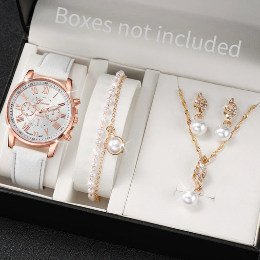 5PCS/Set Women's Watch Fashion Roma Dial Leather Band Quartz Watches Pearls Jewelry Set(Without Box) - Fui Fuiu Jewelry
