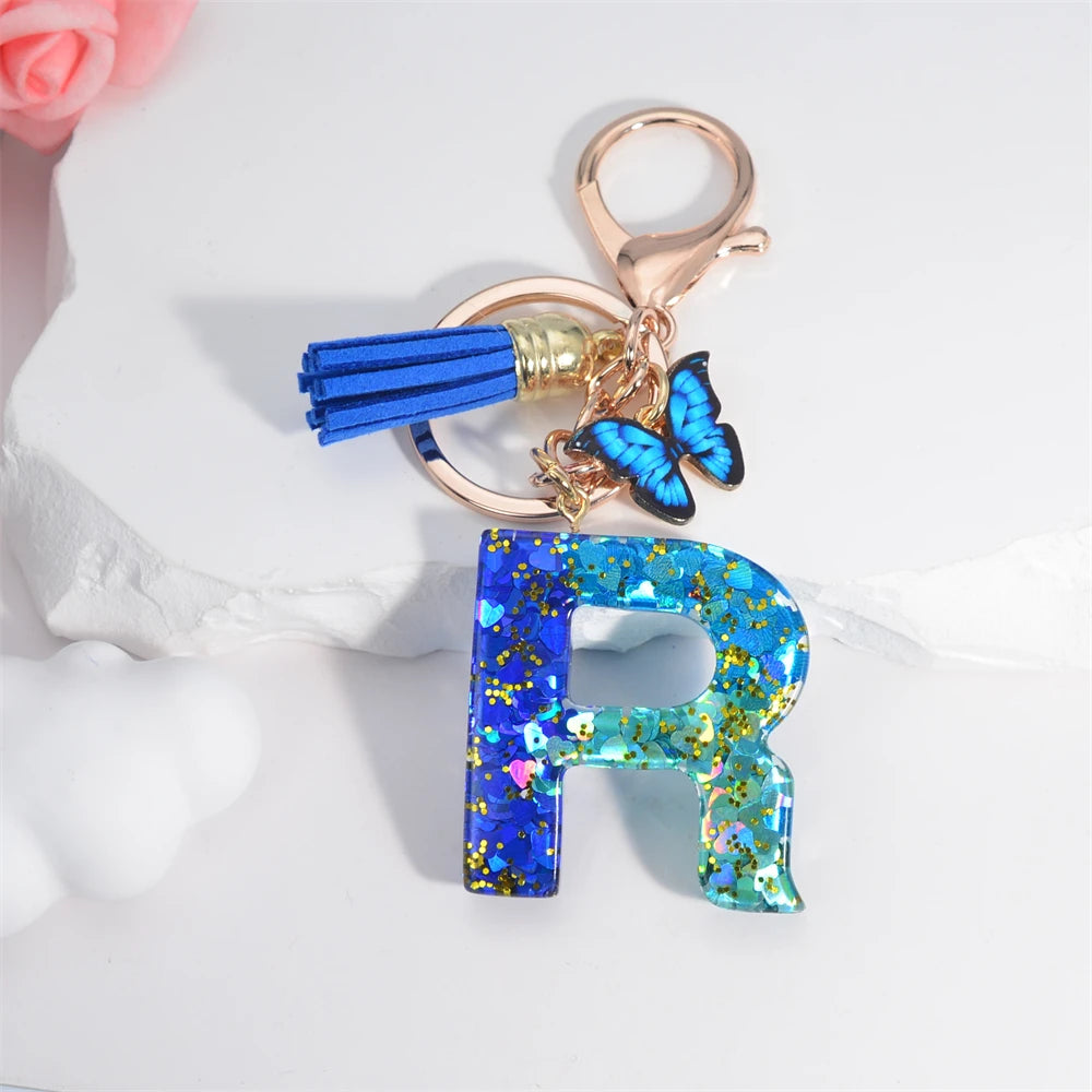 26 English Alphabet Letter Tassels Keychain Crystal Acrylic Butterfly Pendent Key Chain Women Gift Fashion Jewelry Accessories - Fui Fuiu Jewelry
