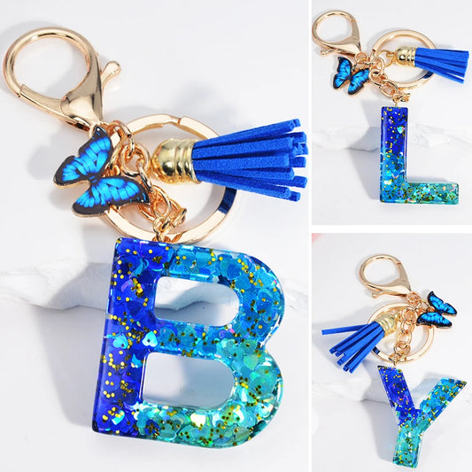 26 English Alphabet Letter Tassels Keychain Crystal Acrylic Butterfly Pendent Key Chain Women Gift Fashion Jewelry Accessories - Fui Fuiu Jewelry