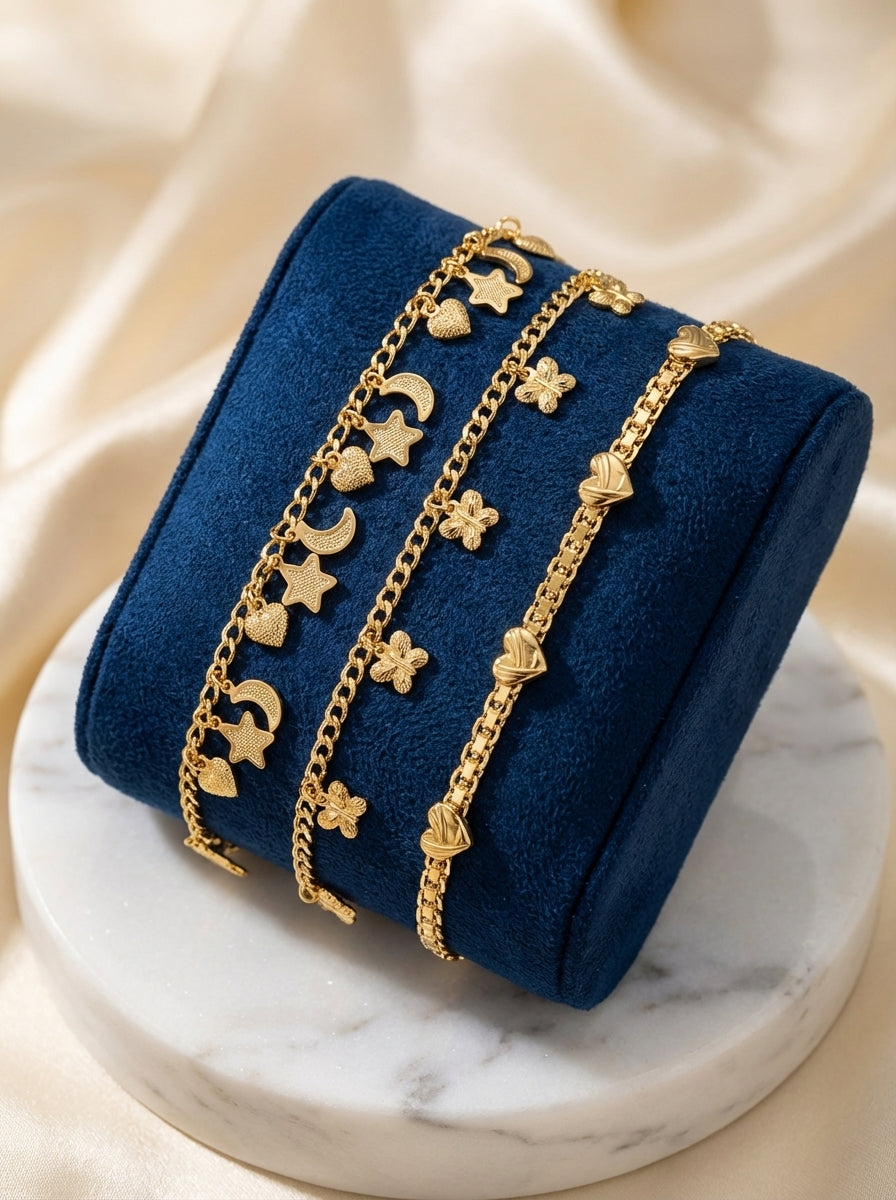 Ankles tobilleras esclavas 14K Gold filled Brasilian Gold estrellas corazones mariposas