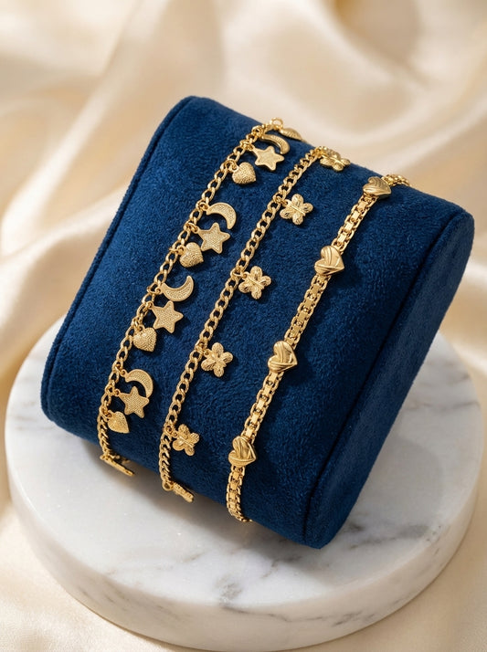 Ankles tobilleras esclavas 14K Gold filled Brasilian Gold estrellas corazones mariposas