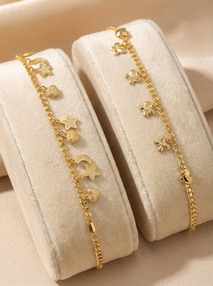 Ankles tobilleras esclavas 14K Gold filled Brasilian Gold estrellas corazones mariposas