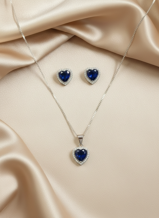 Blue, green, red, clear heart sterling silver 925 plata set aretes studs y cadena con dije de corazon negro rosa verde necklaces and earrings