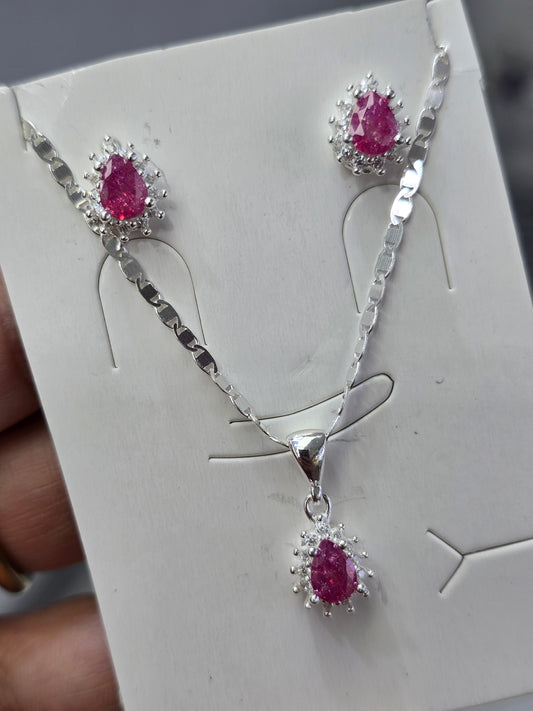 Fuchia stone sterling silver 925 plata set aretes studs y cadena con piedra rosa necklaces and earrings