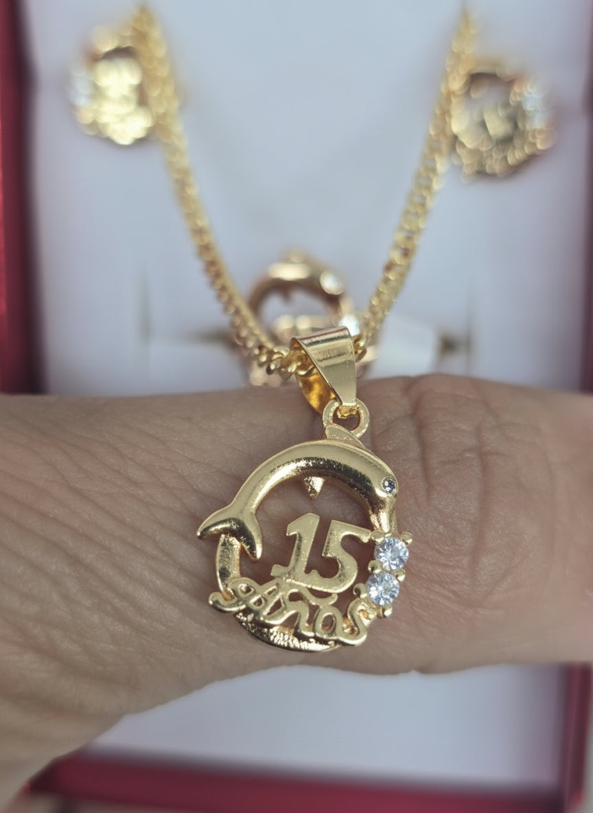 15's earring aretes quinceañera  14K Gold filled laminado set necklace ring anillo cadena y aretes de 15 quinceañera