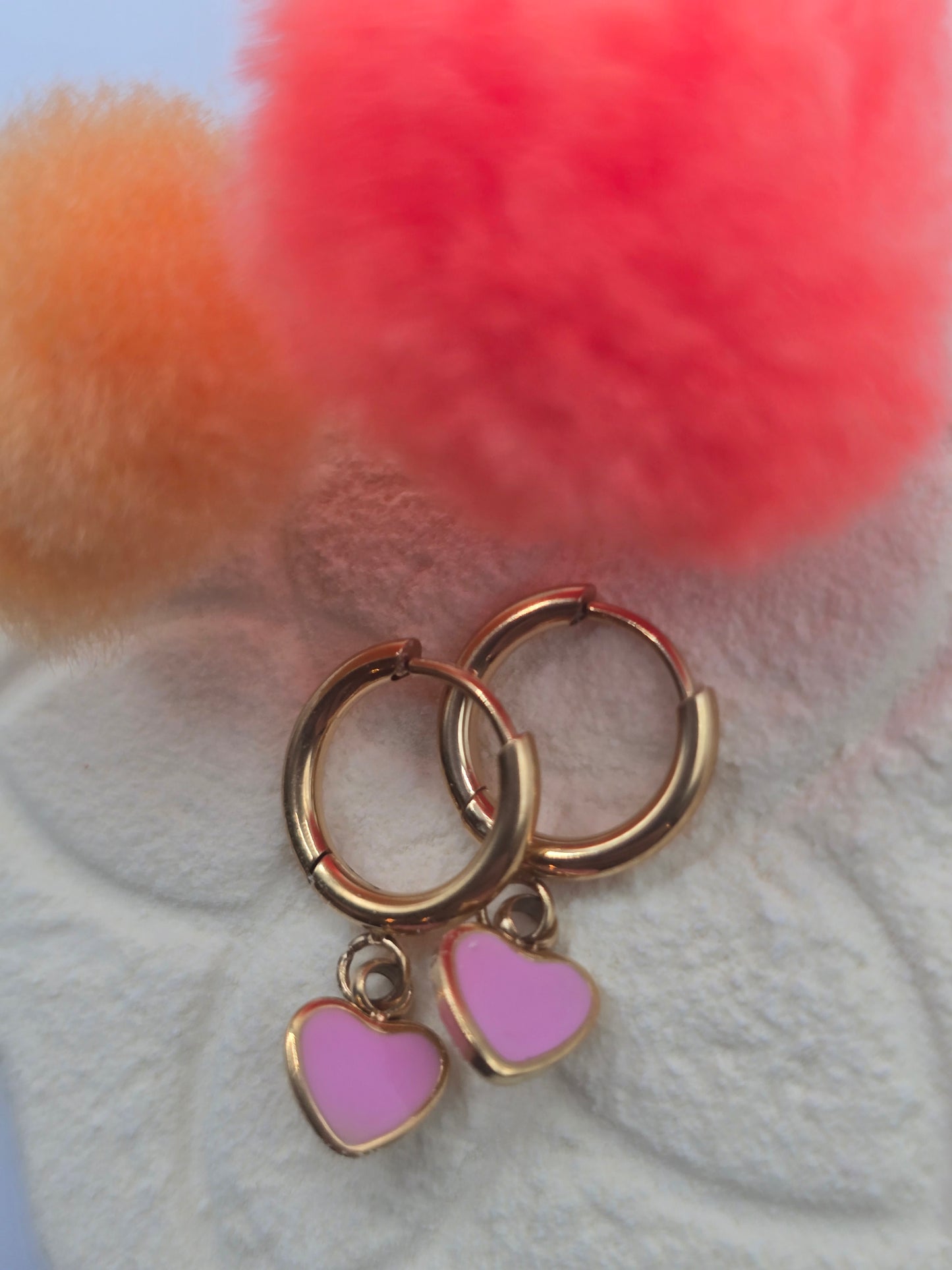 Aretes earring hoops pink heart golden stainless steel dorados zarcillos corazones rosa - Fui Fuiu Jewelry