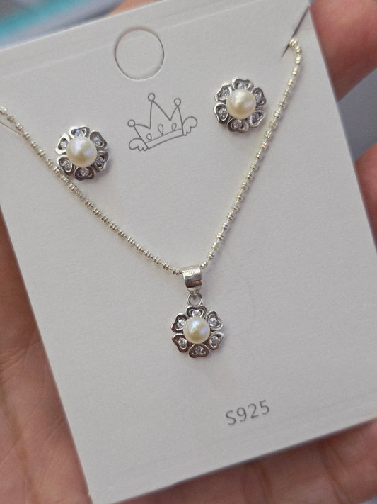 Set flower and pearl sterling silver 925 plata aretes studs y cadena de flor con perla