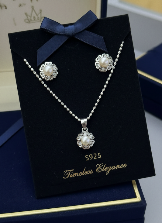 Set flower and pearl sterling silver 925 plata aretes studs y cadena de flor con perla