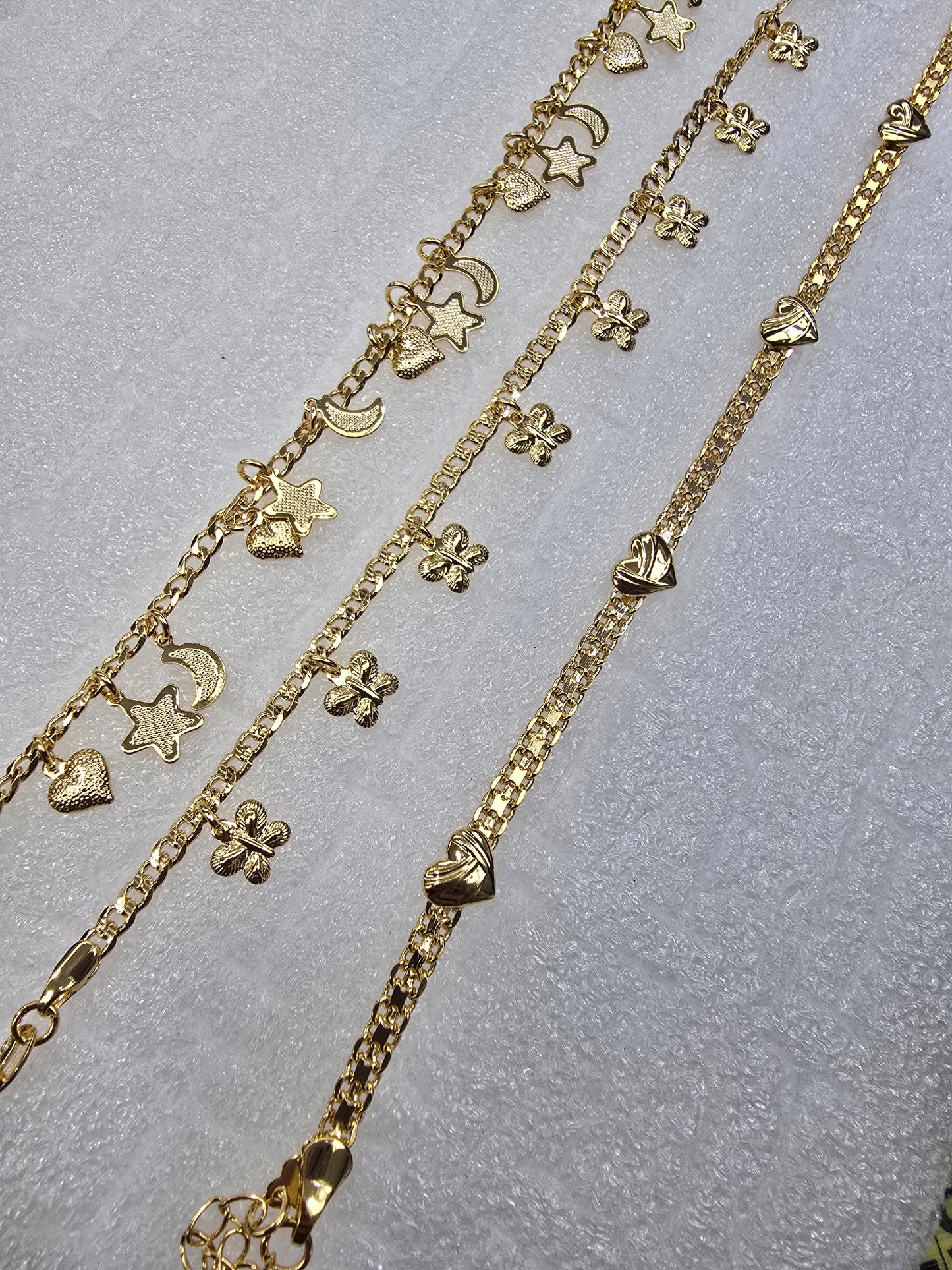 Ankles tobilleras esclavas 14K Gold filled Brasilian Gold estrellas corazones mariposas