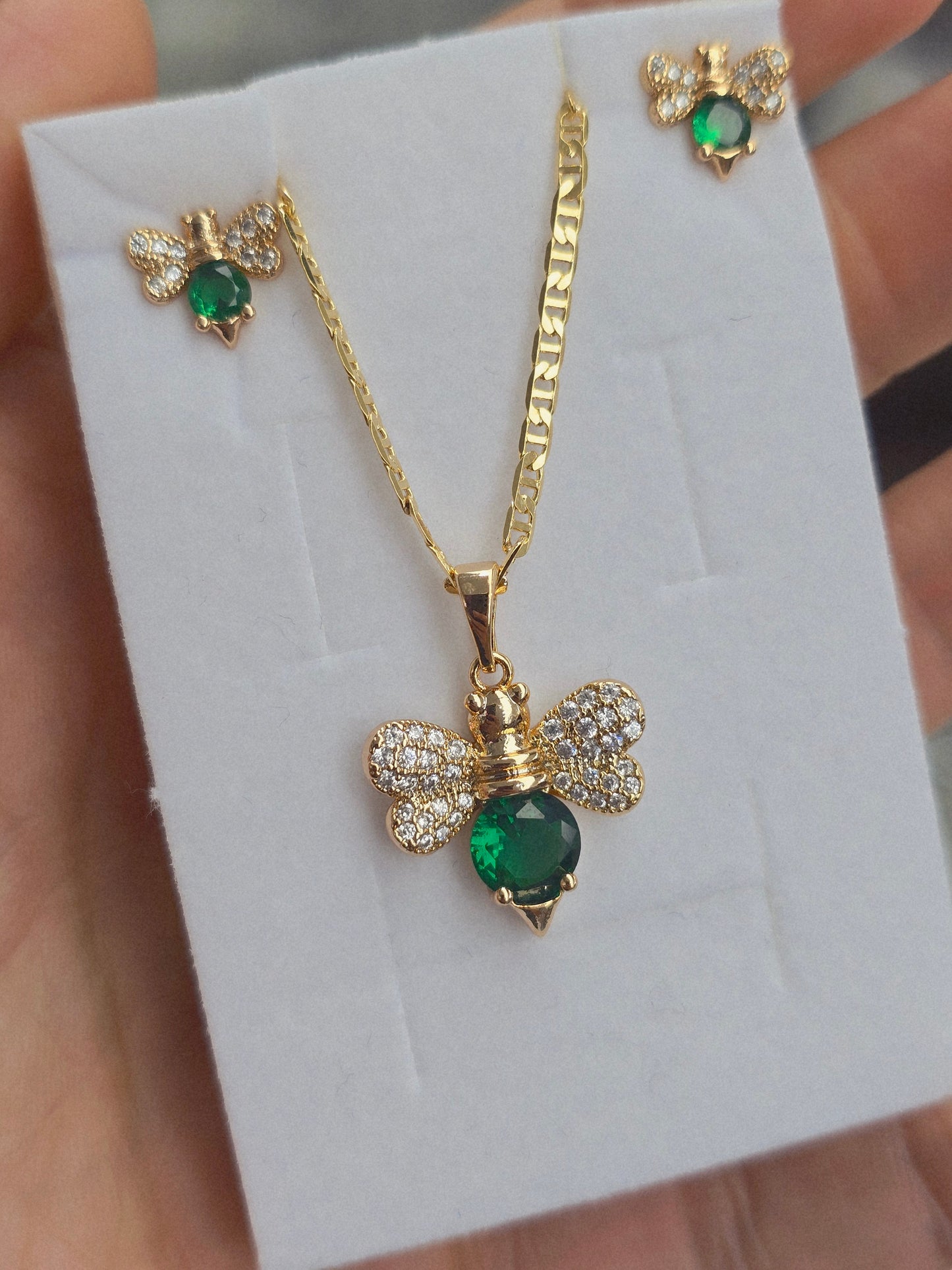 Set Bee Gold Filled 14K Oro 14K set de abejas de colores aretes y cadena necklace and earrings