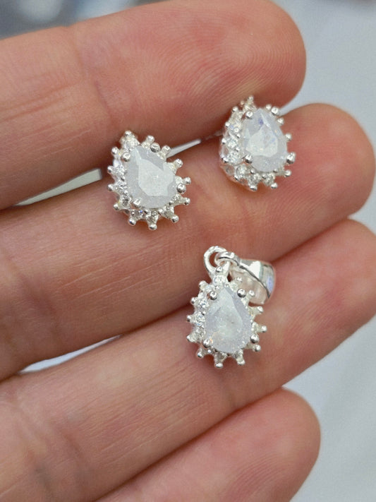 Set 925 sterling silver gemstone small necklace pendant and earrings cadena dije y aretes con piedra