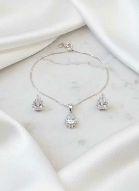 Set 925 sterling silver gemstone small necklace pendant and earrings cadena dije y aretes con piedra