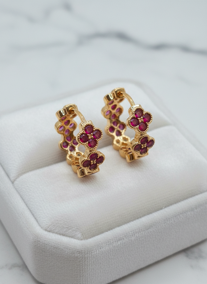 Flowers crystal earrings Aretes de flores con crystal 14K lamited gold Brasilian Gold