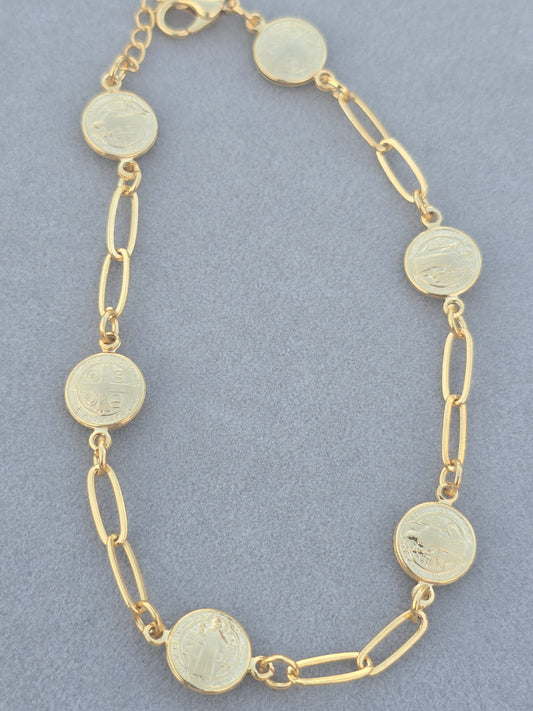 St Benedict bracelet and chain Brasilian Gold San Benito pulsera Oro Brasilero 14K