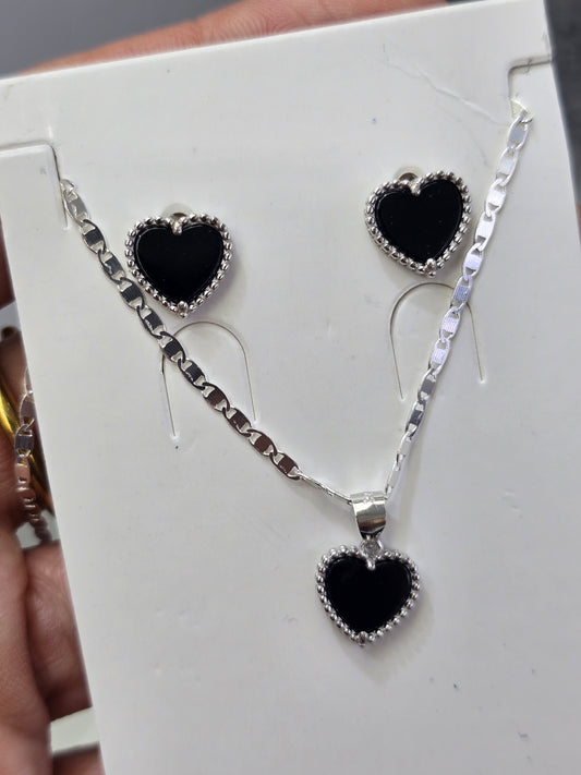 Black heart sterling silver 925 plata set aretes studs y cadena con corazon negro necklaces and earrings