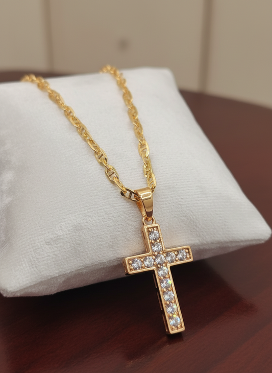Zirconia and crystal medium cross 14K gold filled Cadena en Oro Brasilero diseno de cruz con zirconia y cristal