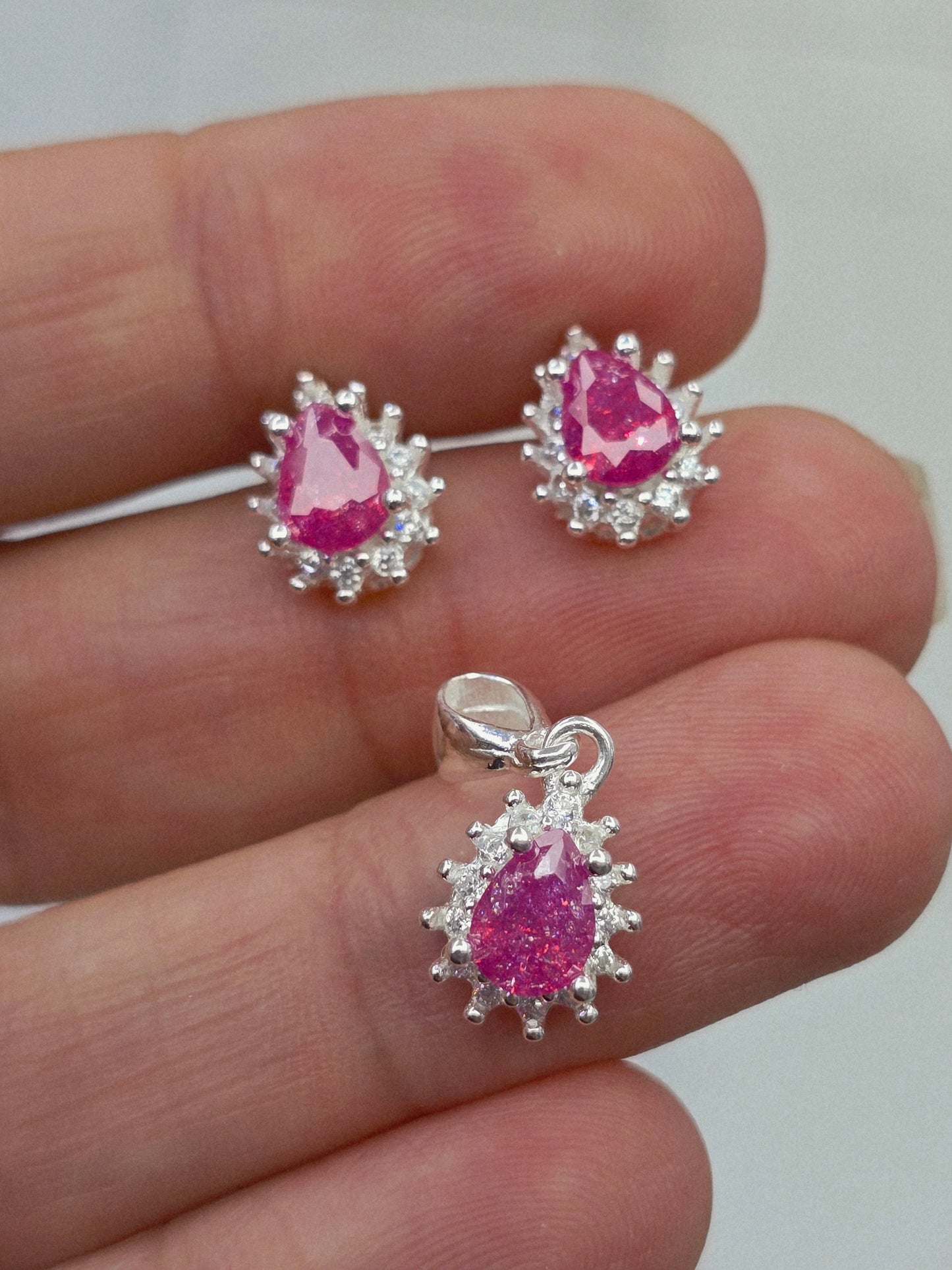 Set 925 sterling silver gemstone small necklace pendant and earrings cadena dije y aretes con piedra