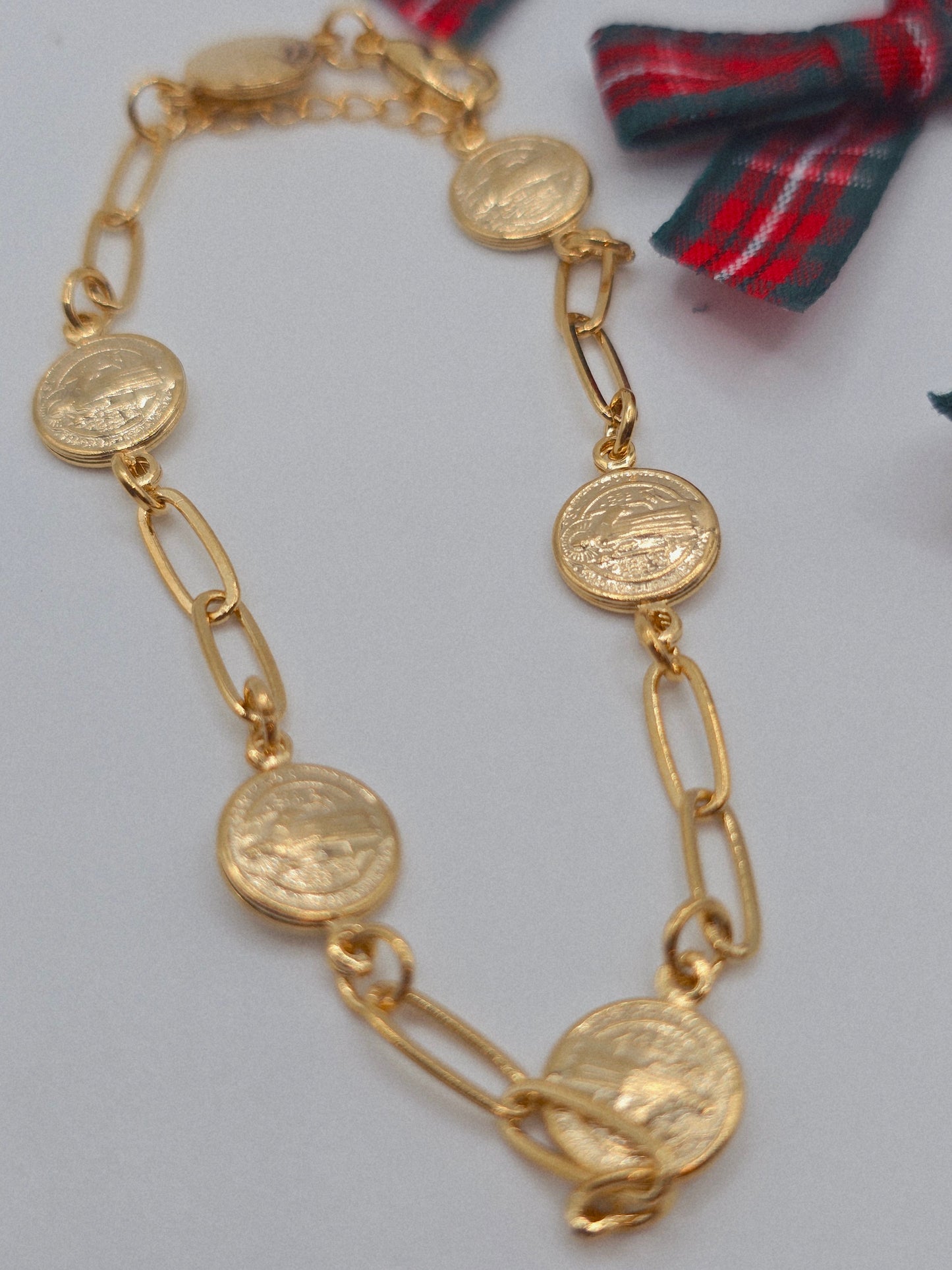St Benedict bracelet and chain Brasilian Gold San Benito pulsera Oro Brasilero 14K