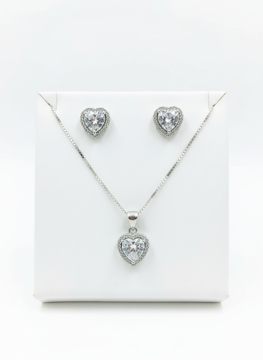 Blue, green, red, clear heart sterling silver 925 plata set aretes studs y cadena con dije de corazon negro rosa verde necklaces and earrings