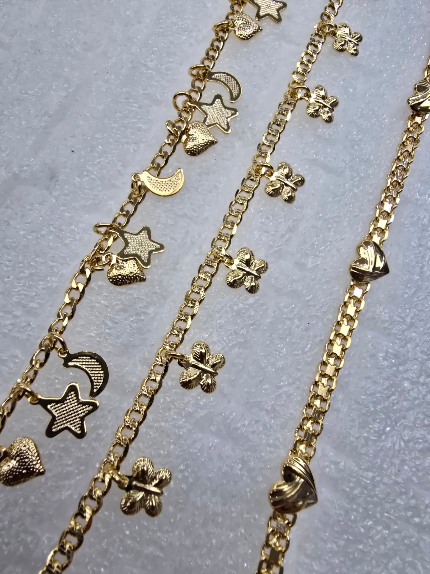 Ankles tobilleras esclavas 14K Gold filled Brasilian Gold estrellas corazones mariposas