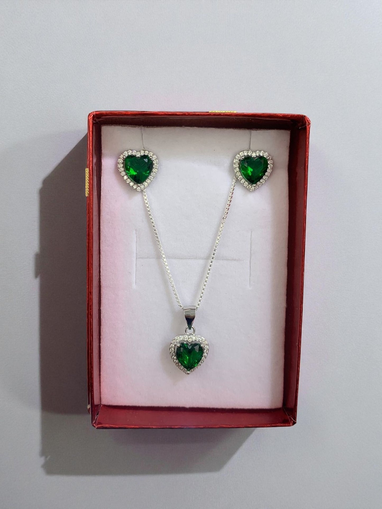 Blue, green, red, clear heart sterling silver 925 plata set aretes studs y cadena con dije de corazon negro rosa verde necklaces and earrings
