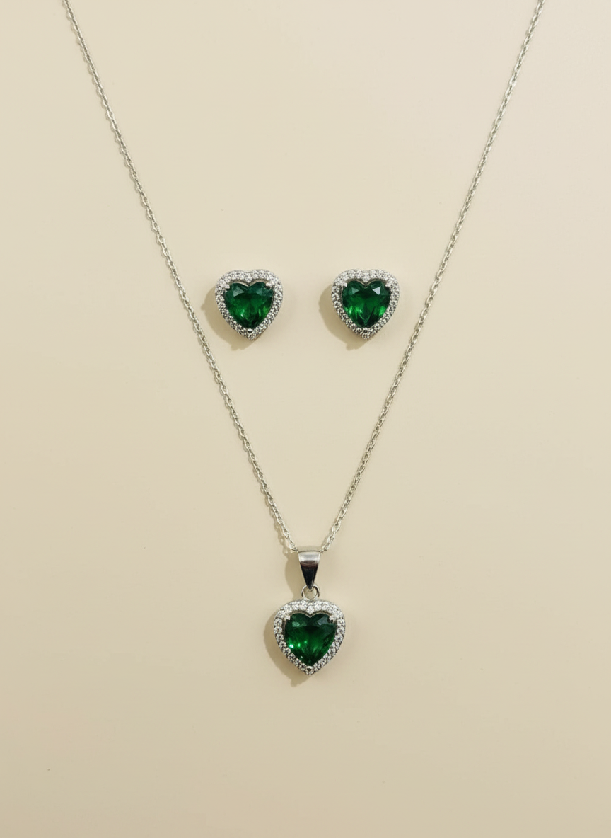 Blue, green, red, clear heart sterling silver 925 plata set aretes studs y cadena con dije de corazon negro rosa verde necklaces and earrings