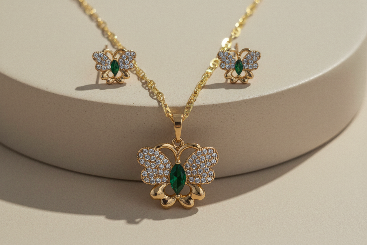 Set Butterfly Gold Filled 14K Oro 14K set de mariposas de colores aretes y cadena necklace and earrings