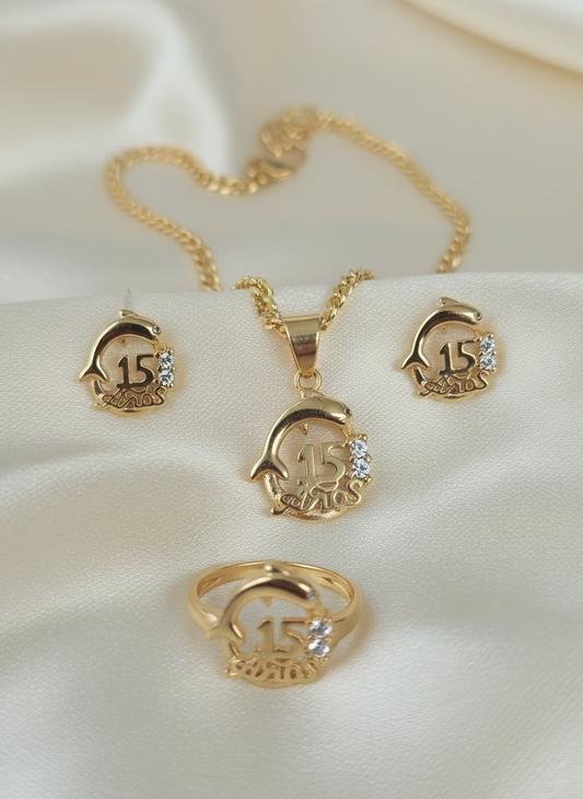 15's earring aretes quinceañera  14K Gold filled laminado set necklace ring anillo cadena y aretes de 15 quinceañera