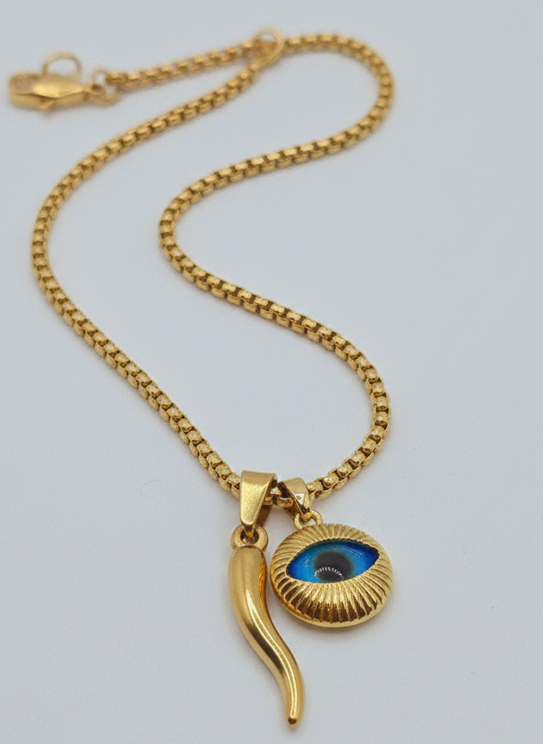 Evil blue Eyes  Cornichello cachito little horn ojo turco necklace cadena