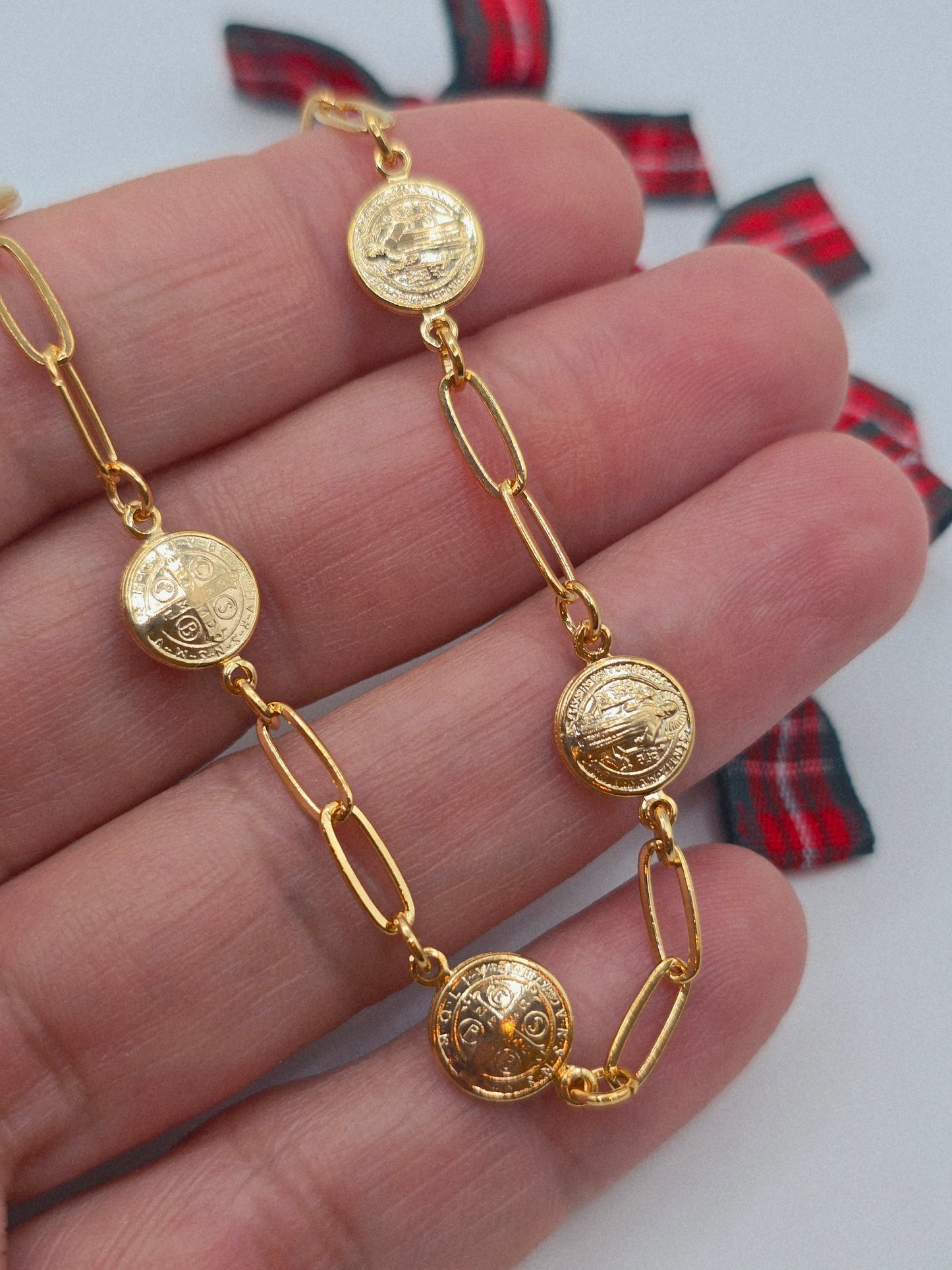 St Benedict bracelet and chain Brasilian Gold San Benito pulsera Oro Brasilero 14K