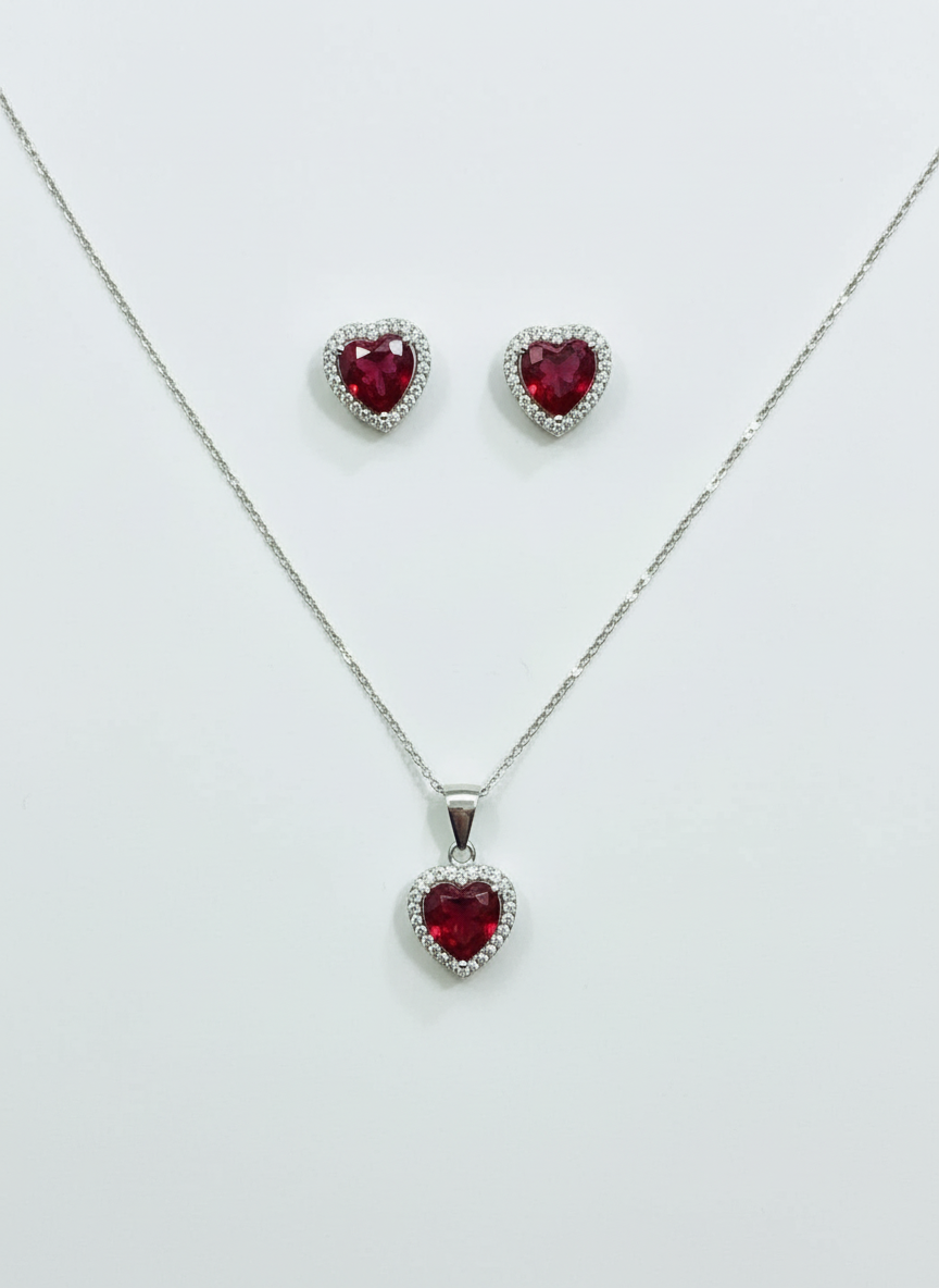 Blue, green, red, clear heart sterling silver 925 plata set aretes studs y cadena con dije de corazon negro rosa verde necklaces and earrings