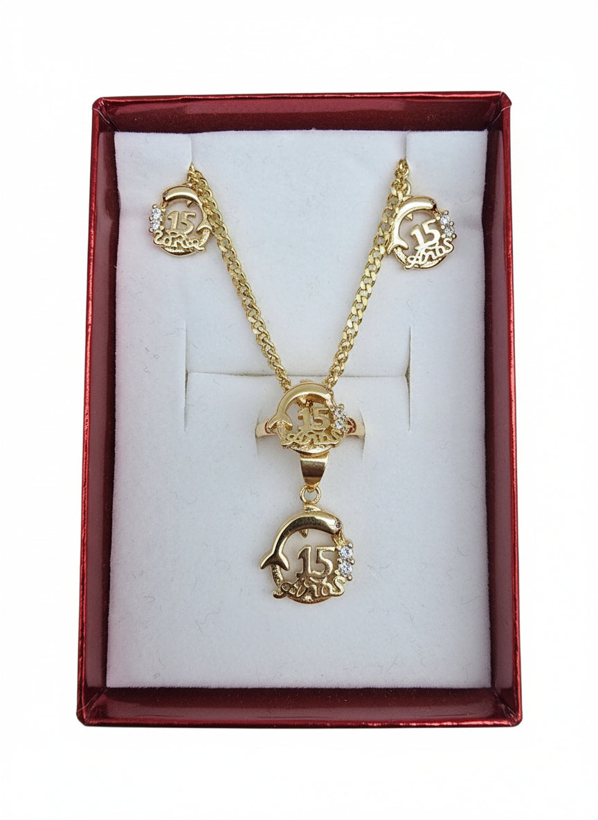 15's earring aretes quinceañera  14K Gold filled laminado set necklace ring anillo cadena y aretes de 15 quinceañera