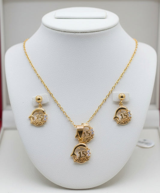 15's ring necklace and earrings quinceañera  14K Gold filled set laminado rings anillo aretes