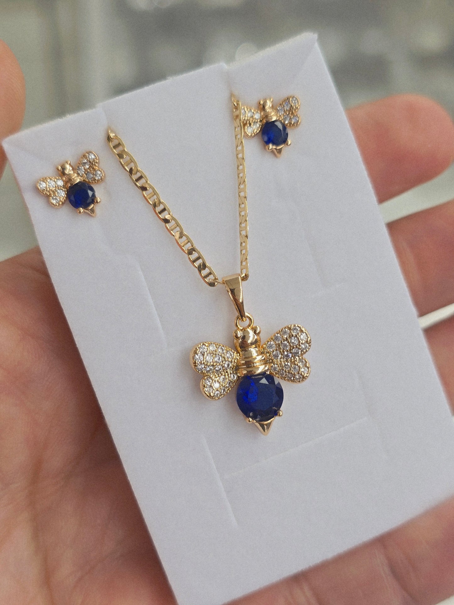 Set Bee Gold Filled 14K Oro 14K set de abejas de colores aretes y cadena necklace and earrings