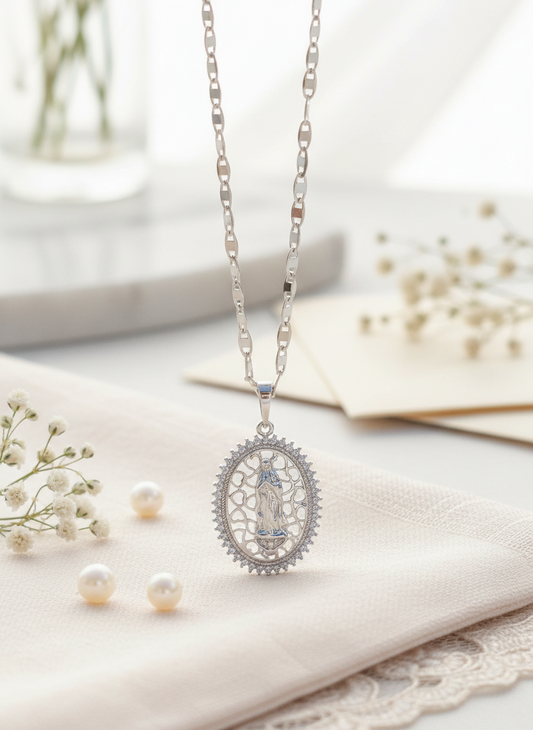 Virgin Mary pendant silver plated necklace plata