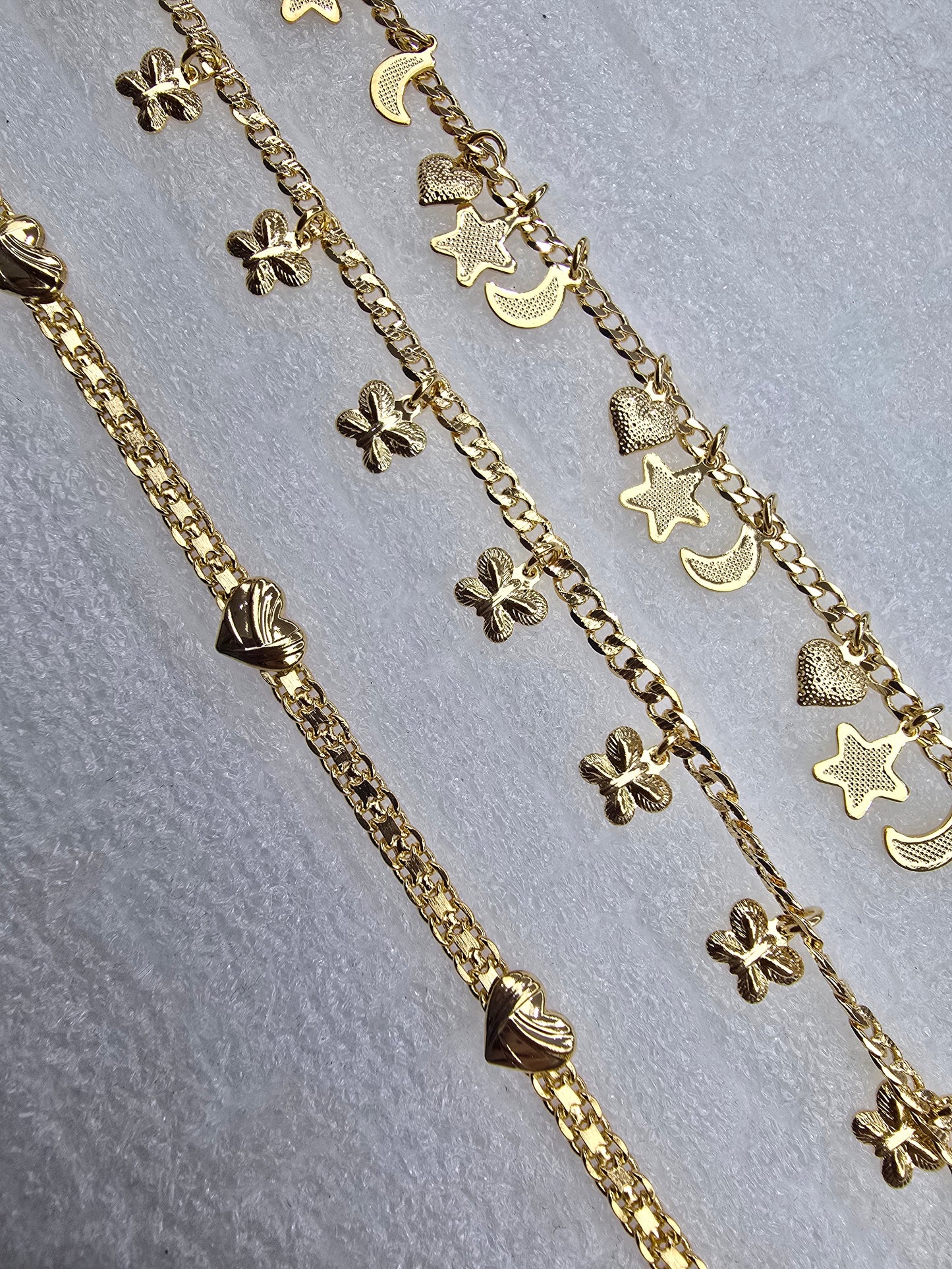 Ankles tobilleras esclavas 14K Gold filled Brasilian Gold estrellas corazones mariposas