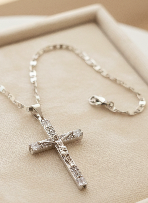 Cadenas silver plata steel cruz necklaces cross and zirconia and crystal crucifijo