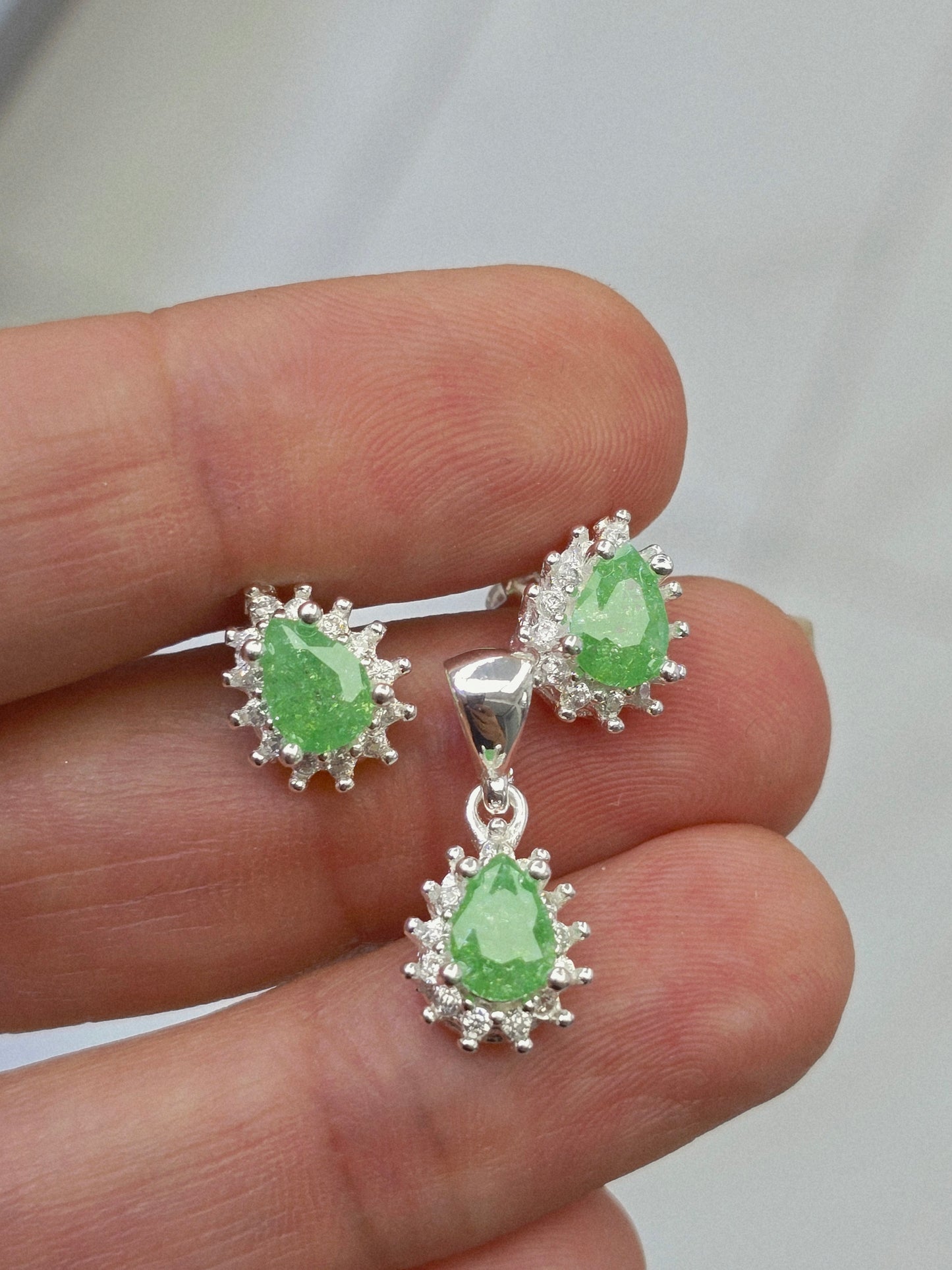 Set 925 sterling silver gemstone small necklace pendant and earrings cadena dije y aretes con piedra