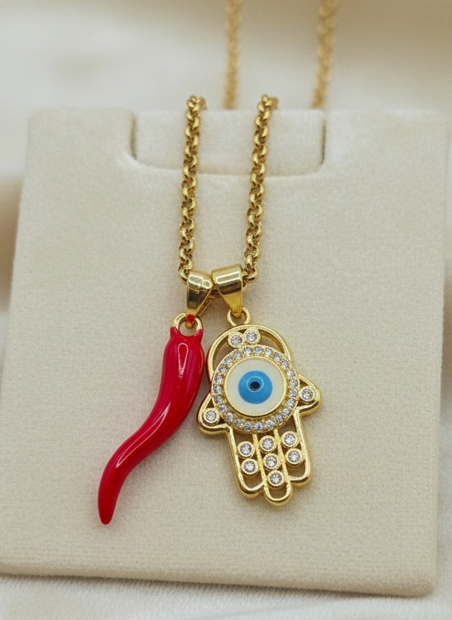 Necklace Hamza hands zirconia cornillelo little horn cadena