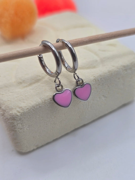 Aretes earring hoops pink heart golden stainless steel dorados zarcillos corazones rosa