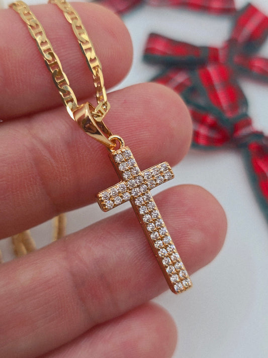 Crystal cross 14K gold filled Cadena en Oro Brasilero diseno de cruz con zirconia - Fui Fuiu Jewelry