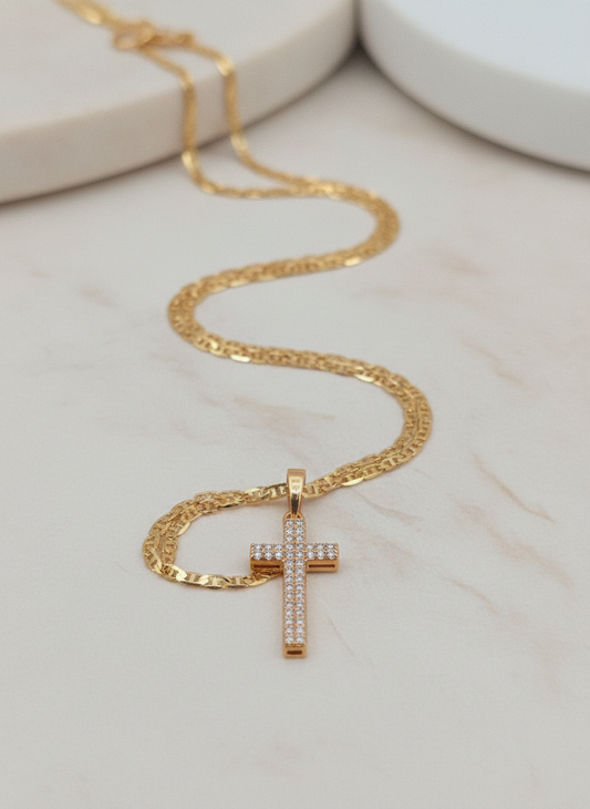 Crystal cross 14K gold filled Cadena en Oro Brasilero diseno de cruz con zirconia